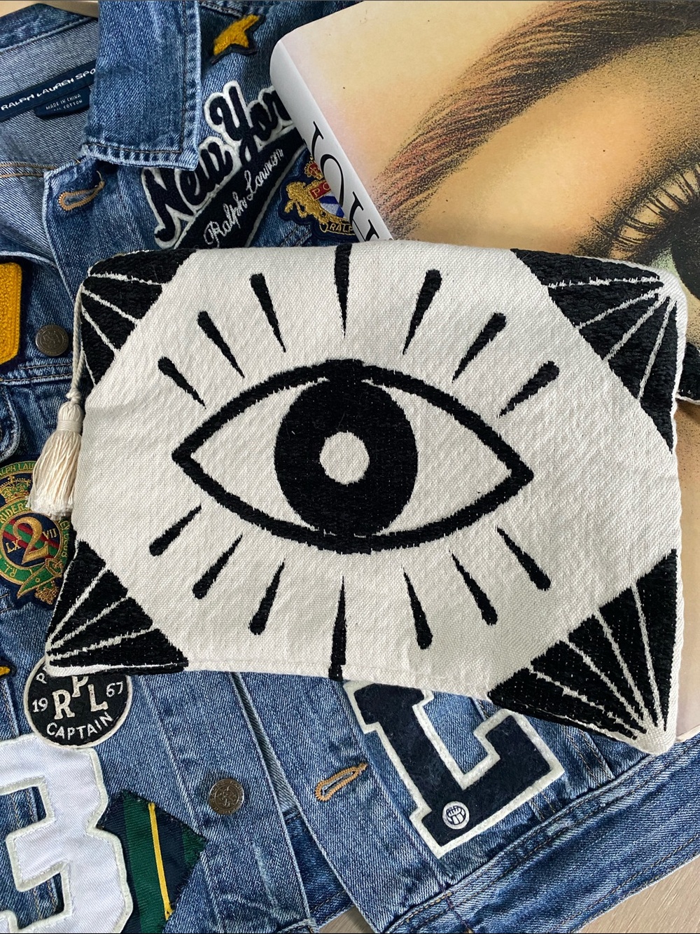 Black Cream Zippered Evil eye Woven Pouch Wristlet Clitch